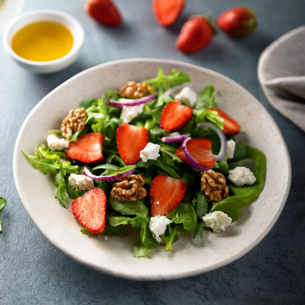 Een Zomerse Verrukking- Salade met 100 g gemengde groene sla (zoals rucola, veldsla of babys